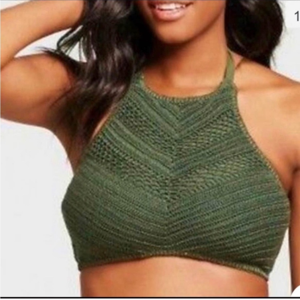 NWT Green Crochet Halter bikini swim Top medium - Picture 4 of 5
